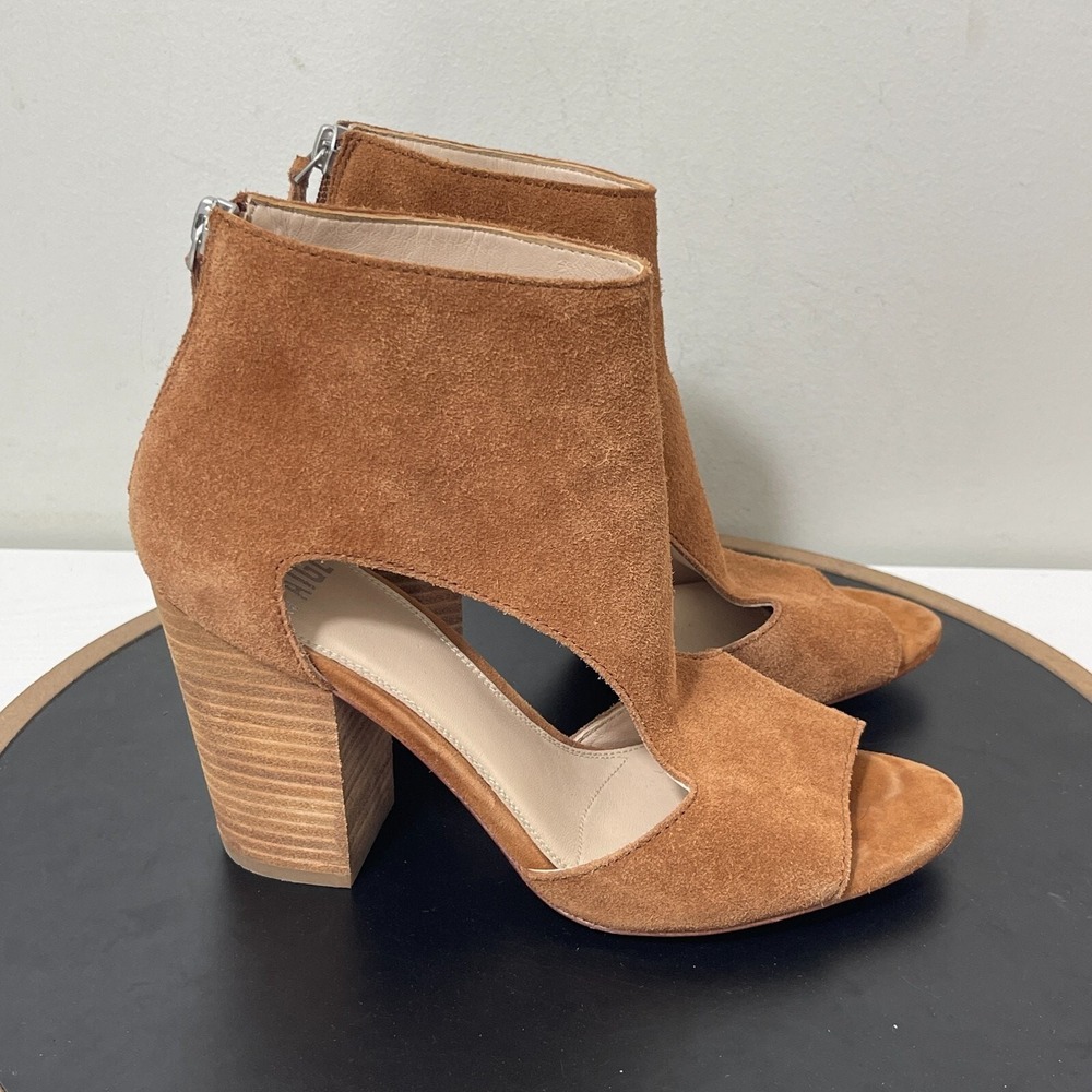 Paige Suede Open Toe Booties Women Size 8 Block Heel Cognac Brown Western Boho